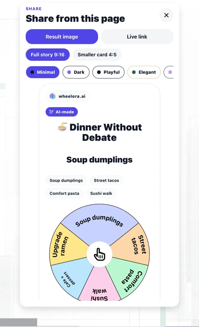 Share Studio with controls for a result image and live wheel link