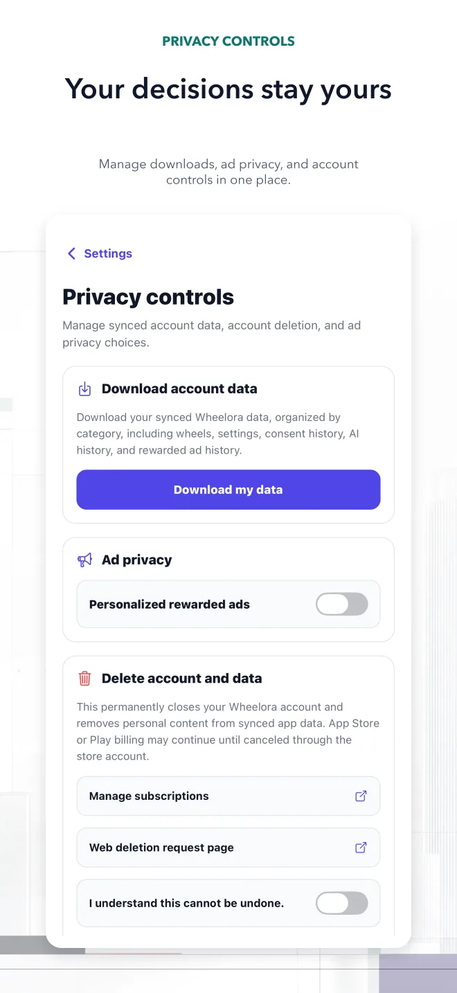 Privacy settings with data export, account deletion, and ad preferences